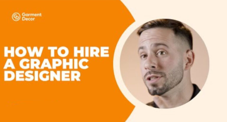 Man speaking about hiring a graphic designer, with text "how to hire a graphic designer" on an orange background.