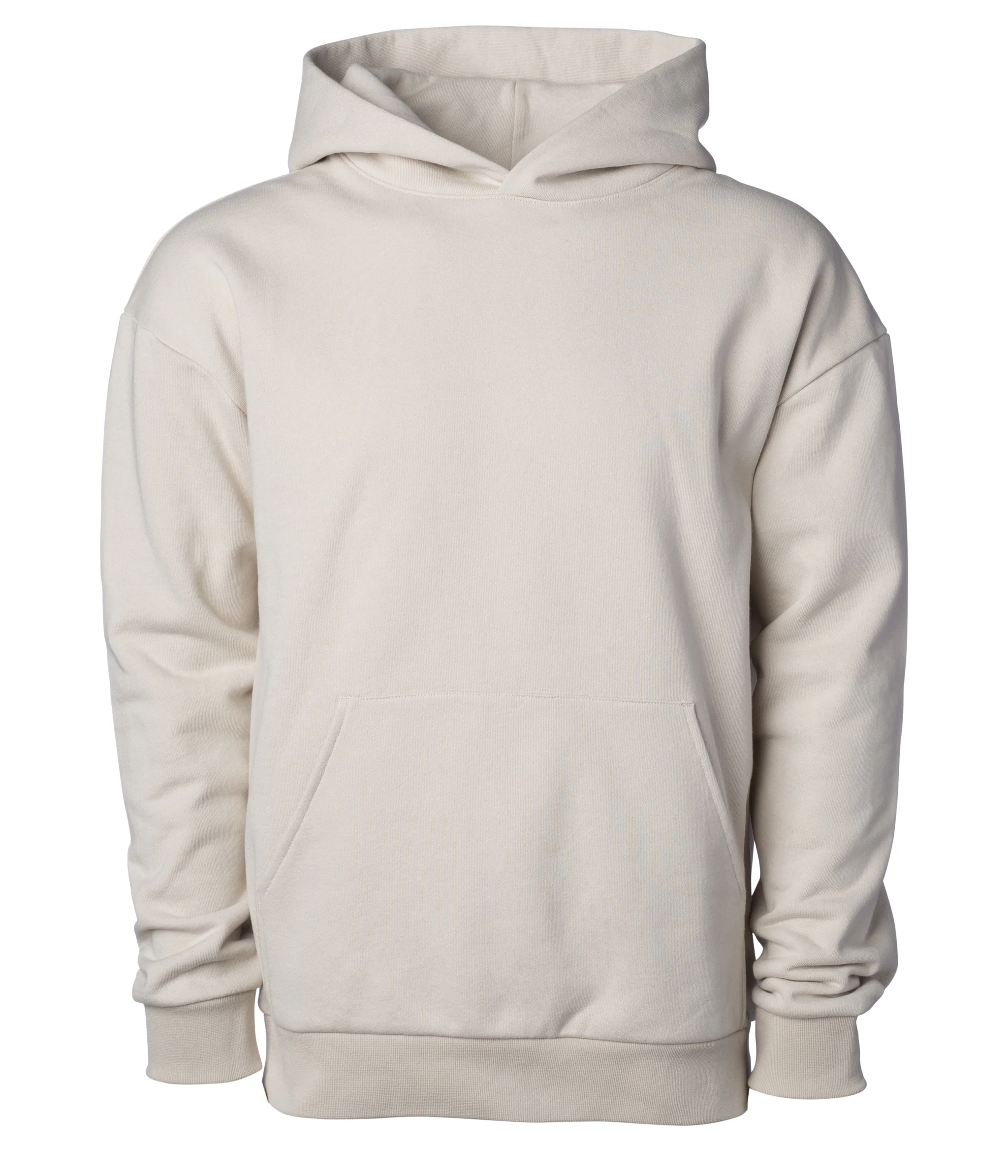 Back view of a plain beige hoodie with a hood and a front pouch pocket, displayed against a white background.