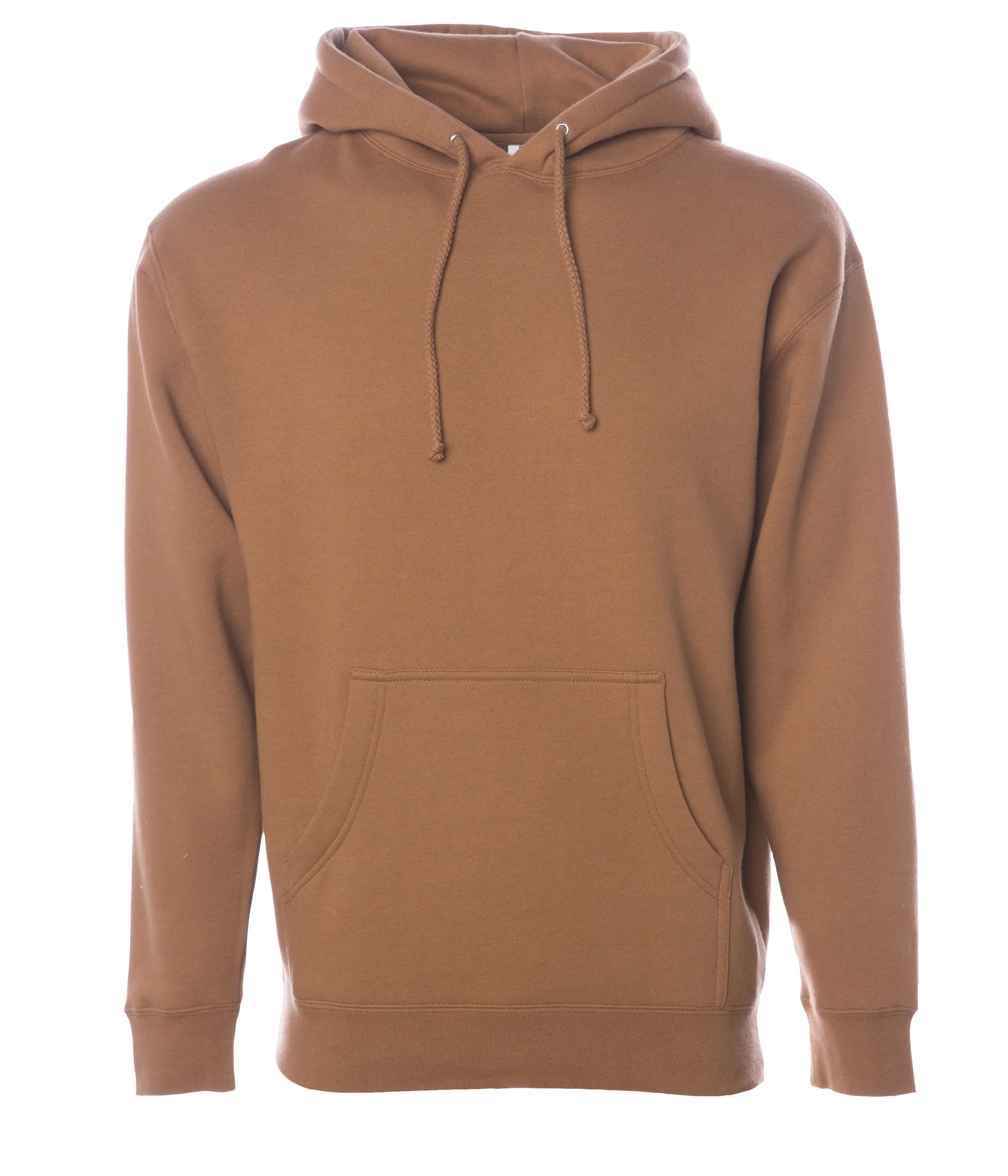 A plain brown hoodie with a front pouch pocket and drawstrings, isolated on a white background.