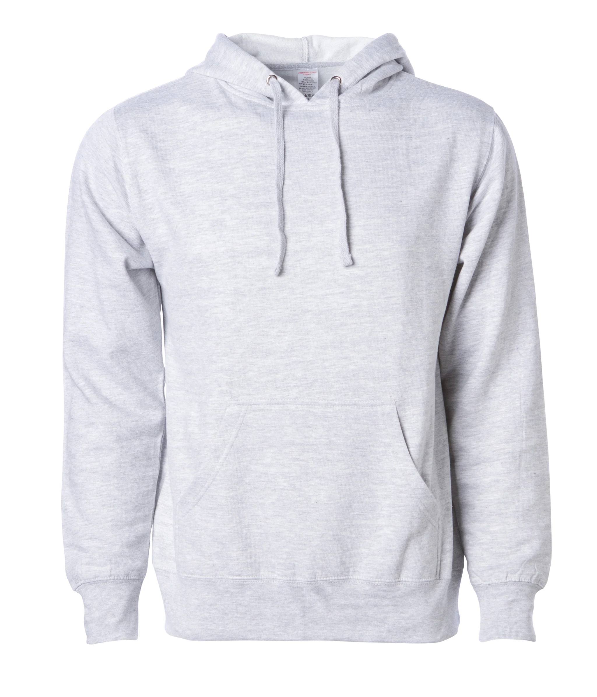 A plain light gray hoodie with a kangaroo pocket and drawstrings at the hood, designed for custom printing on sweatshirts, displayed against a white background.