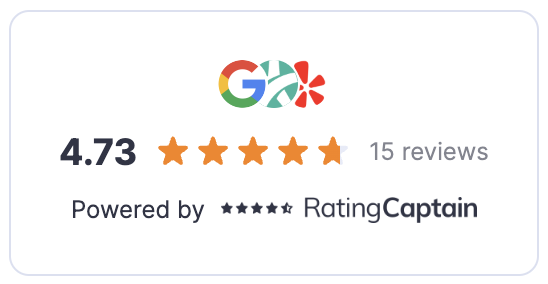 Logo with the text "gx" next to a 4.73/5 star rating and 15 reviews, with a note stating "powered by ratingcaptain" below five black stars.