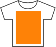 A graphic icon of a white t-shirt with an orange rectangle screenprinted on the front.