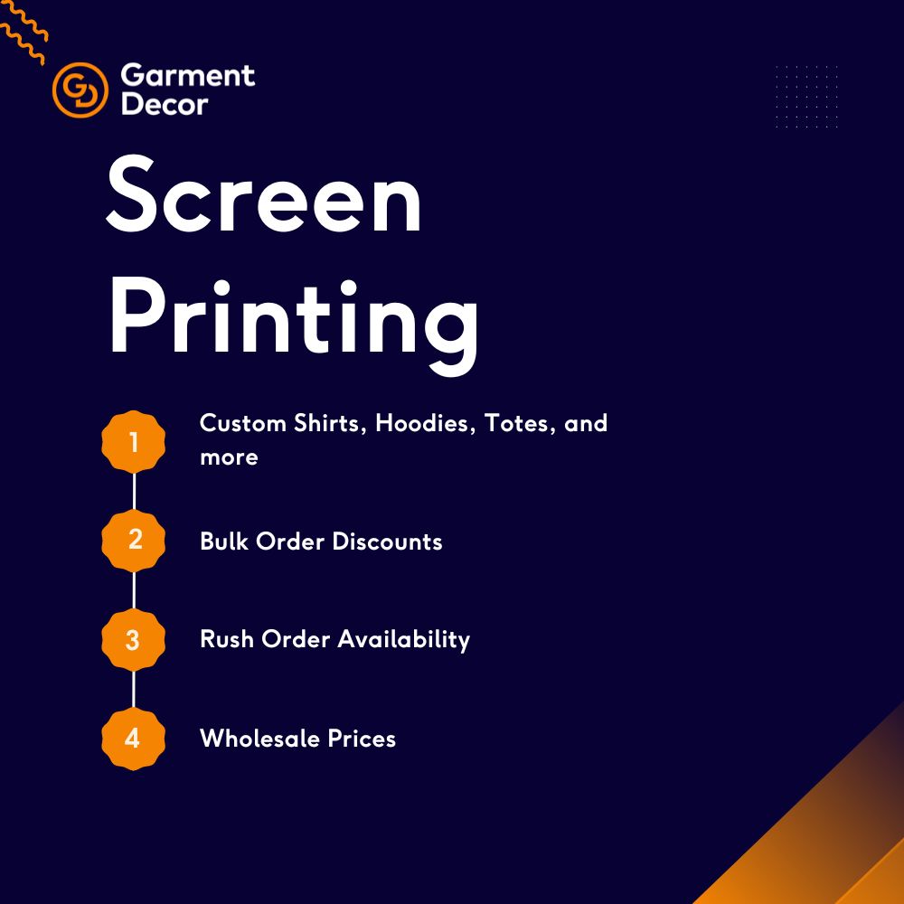 Promotional graphic for garment decor highlighting digital-screen printing services for custom shirts, hoodies, totes, with bulk order discounts, rush order options, and wholesale prices.