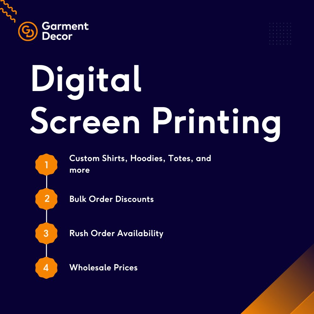 Promotional image for garment decor's digital screen printing services, listing customized products and benefits like bulk discounts and rush orders.