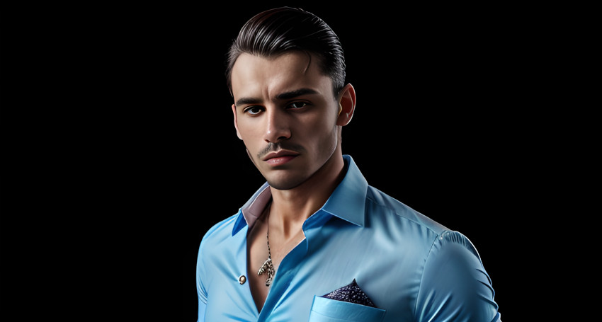 A digital artwork of a man with slicked-back hair, wearing an embroidered blue shirt against a dark background.