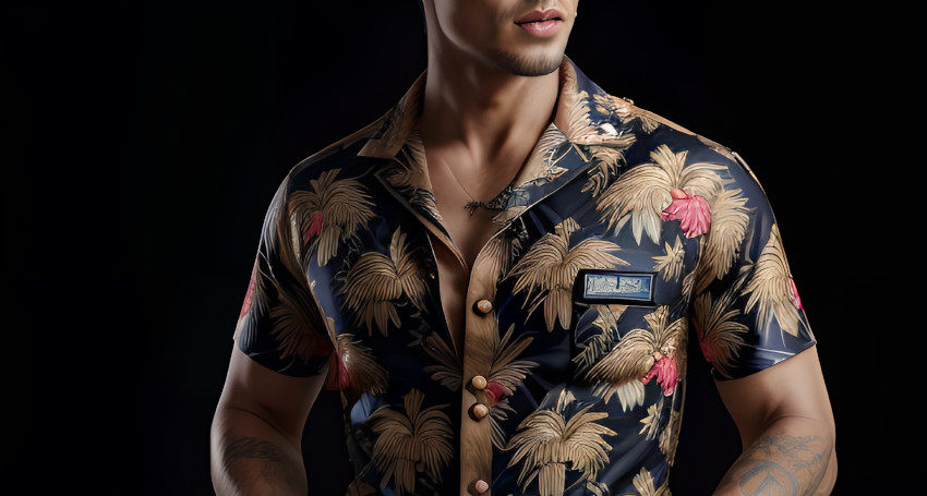 A man wearing a dark embroidered tropical-print shirt stands against a black background, with a focus on his upper body and detailed shirt pattern.