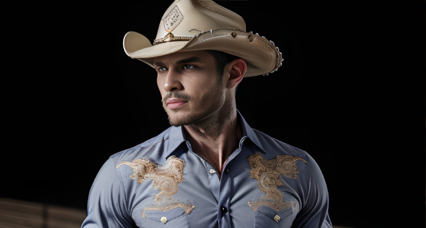 A man wearing a cowboy hat and an embroidered blue shirt looks pensively to the side against a dark background.