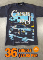 Black t-shirt featuring a graphic of a sports car and the text "Chasing 10's." Text overlay reads "36 Custom Streetwear T-Shirts – Heavyweight Garment-Dyed Cotton $28.95 PER" and "FREE SHIPPING!.