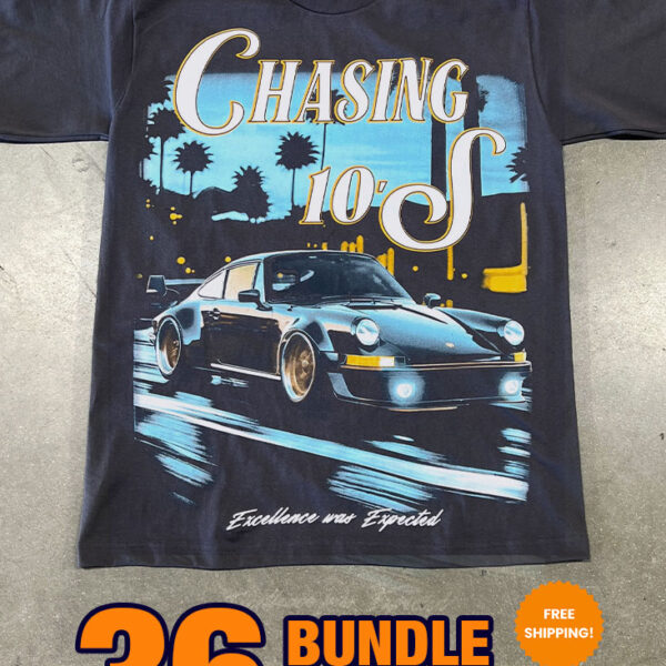 Black t-shirt featuring a graphic of a sports car and the text "Chasing 10's." Text overlay reads "36 Custom Streetwear T-Shirts – Heavyweight Garment-Dyed Cotton $28.95 PER" and "FREE SHIPPING!.