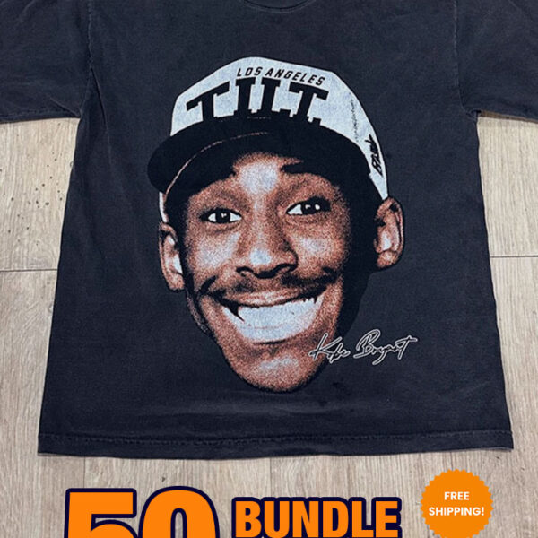 A black T-shirt featuring a large graphic of a smiling individual, with text "Los Angeles" and "Tilt". Text overlay reads "36 Custom Streetwear T-Shirts – Heavyweight Garment-Dyed Cotton $22.95 PER" with a small "FREE SHIPPING" badge.