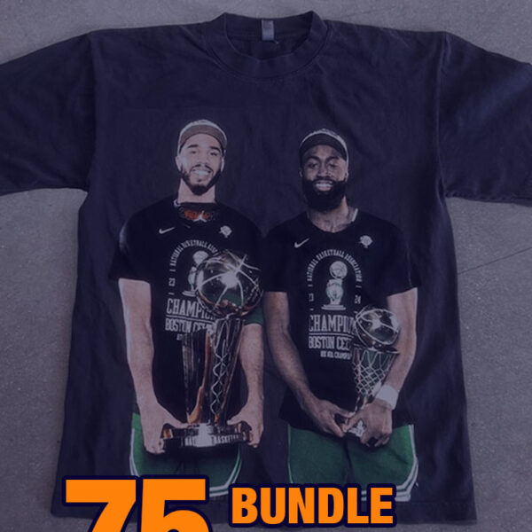 A black t-shirt featuring two athletes holding trophies, with the text "36 Custom Streetwear T-Shirts - Heavyweight Garment-Dyed Shirt With Screen Printing" in bold orange and white.