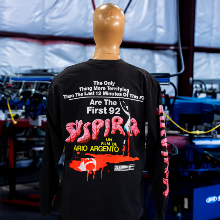 Eye-Catching Jumbo & Sleeve Prints on black 1807GD for Online Ceramics back view - Garment Decor A mannequin showing the back view of a black Los Angeles Apparel style 1807GD with a Suspiria movie design, featuring bold jumbo screen printing on the back and sleeve, printed by Garment Decor